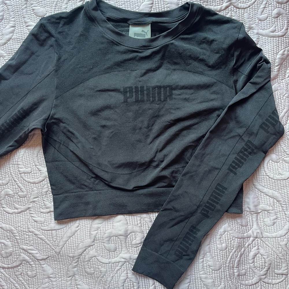 Puma Black Cropped Long-Sleeve Logo Top